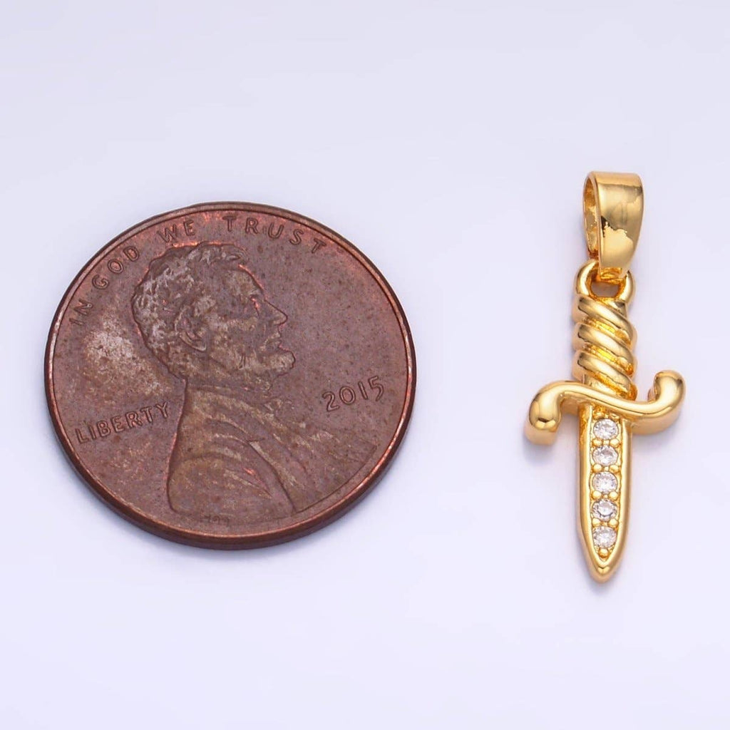 24K Gold Filled Micro Paved CZ Dagger Knife Sword Pendant