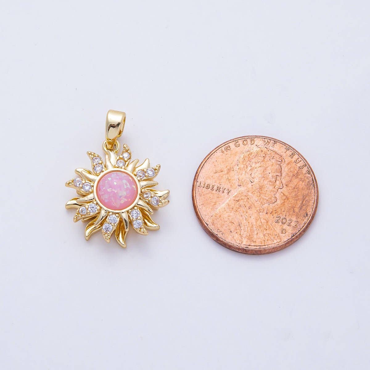 18K Gold Filled 18mm Spinning Rotating Pink Opal Celestial Sun Pendant Charm