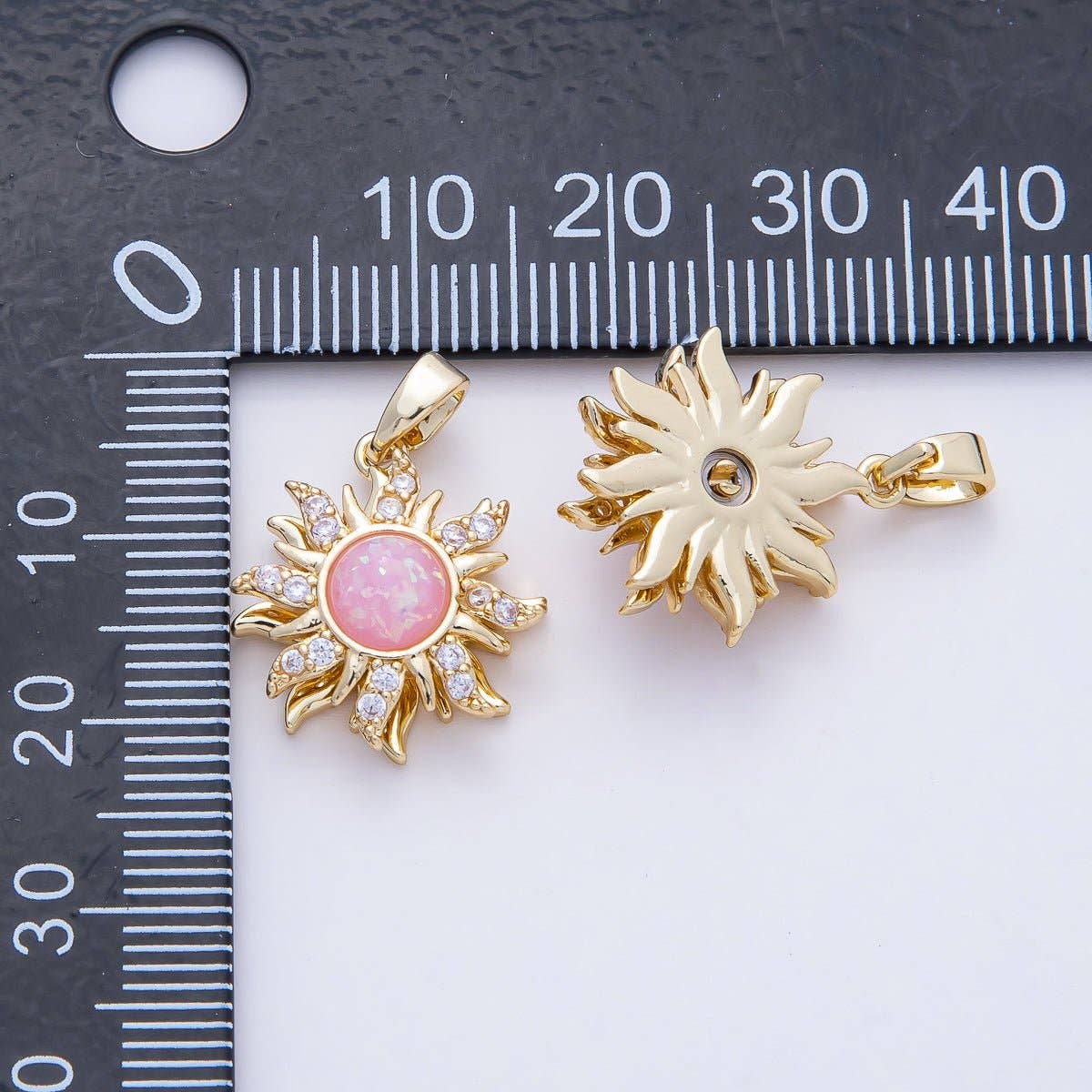 18K Gold Filled 18mm Spinning Rotating Pink Opal Celestial Sun Pendant Charm